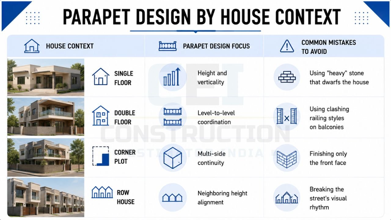 Parapet design guide comparing parapet wall design strategies for single-floor, double-floor, corner plot, and row house homes