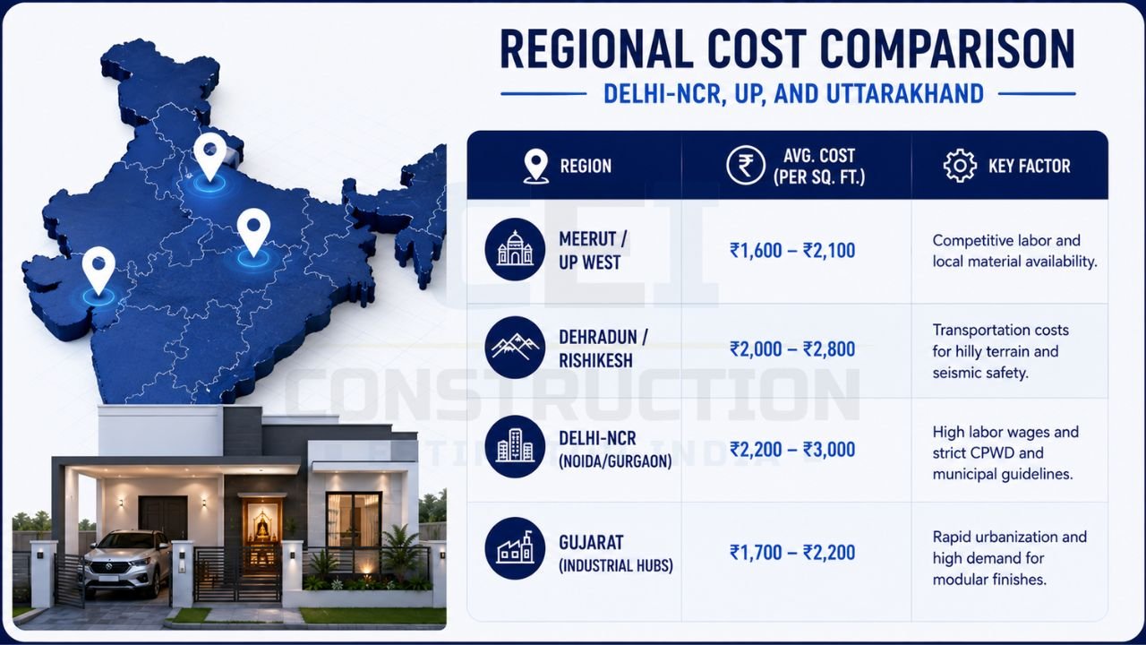Infographic comparing 2026 house construction costs across Meerut, Dehradun, Delhi-NCR, and Gujarat with average cost per square foot and regional cost factors.