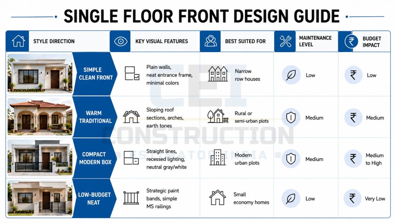 Single floor front design guide comparing simple, traditional, modern box, and low-budget house front styles