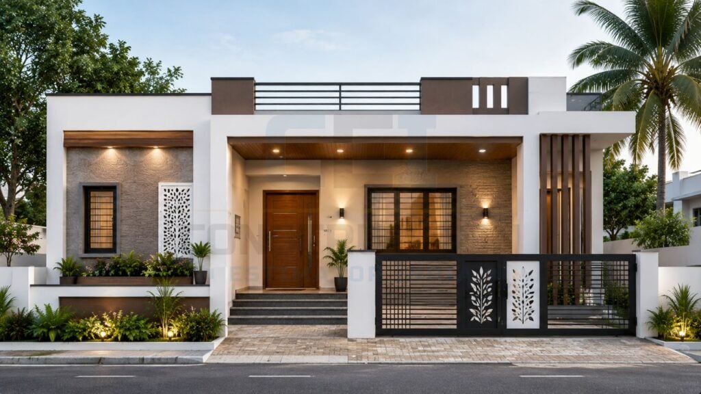 Modern single-floor house front elevation with minimalist design, stone cladding, wooden accents, decorative gate, and landscaped entrance