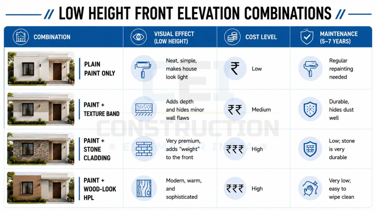 Low height front elevation combinations comparing plain paint, texture, stone cladding, and wood-look HPL finishes for single-floor house exteriors