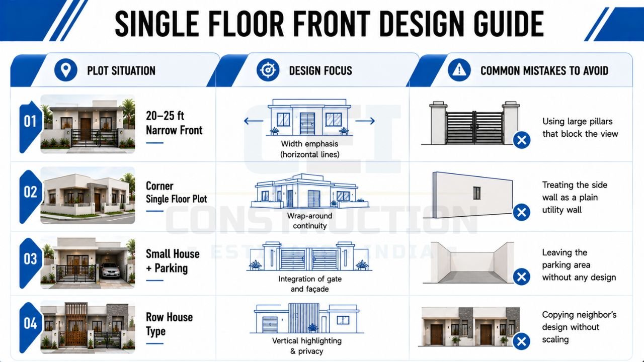 Single floor front design guide comparing front elevation ideas for narrow, corner, parking, and row house plots