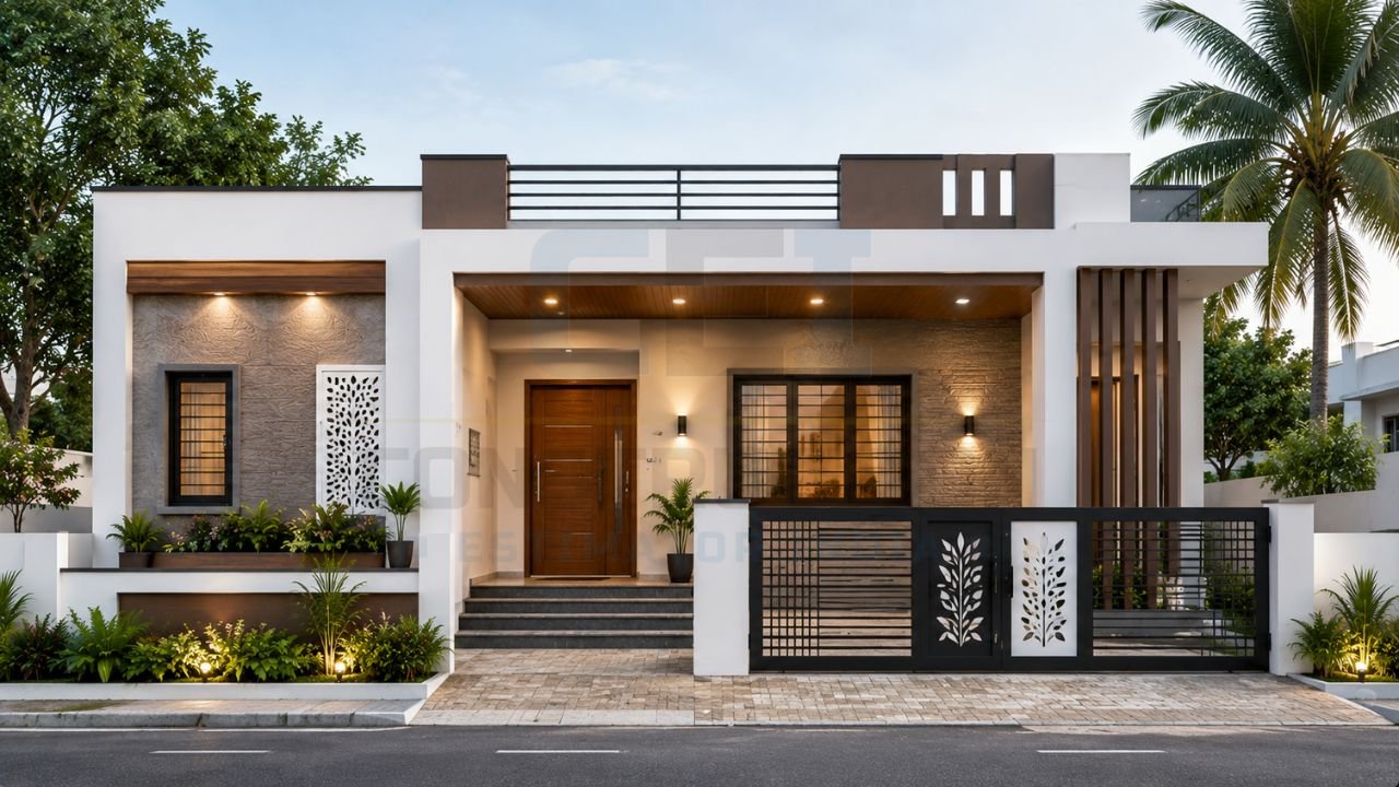 Modern single-floor house front elevation with minimalist design, stone cladding, wooden accents, decorative gate, and landscaped entrance