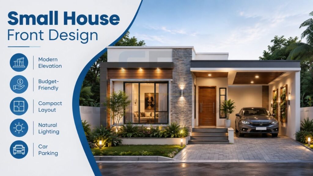 Small house front design with modern elevation, compact layout, covered car parking, natural lighting, and budget-friendly contemporary home facade