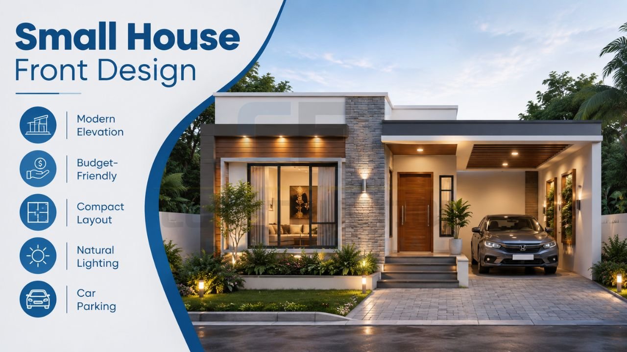 Small house front design with modern elevation, compact layout, covered car parking, natural lighting, and budget-friendly contemporary home facade