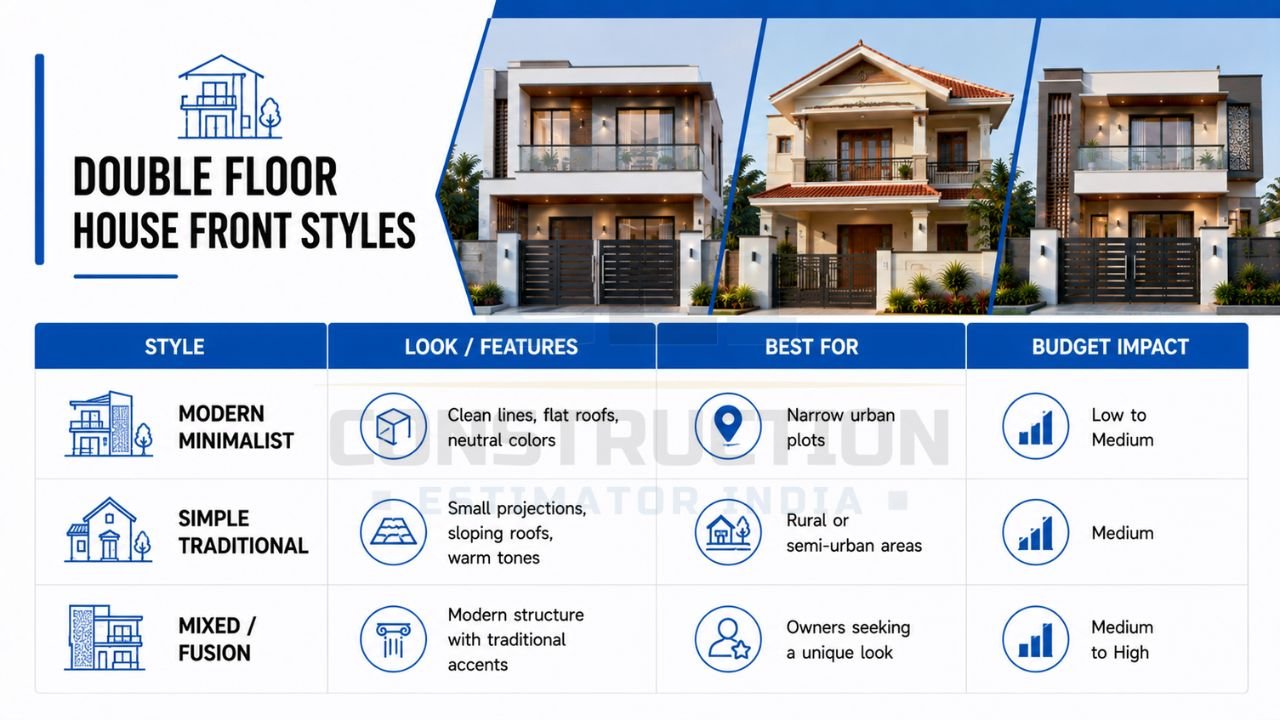 Double floor house front design styles comparing modern minimalist, simple traditional, and fusion elevations with features, suitability, and budget impact