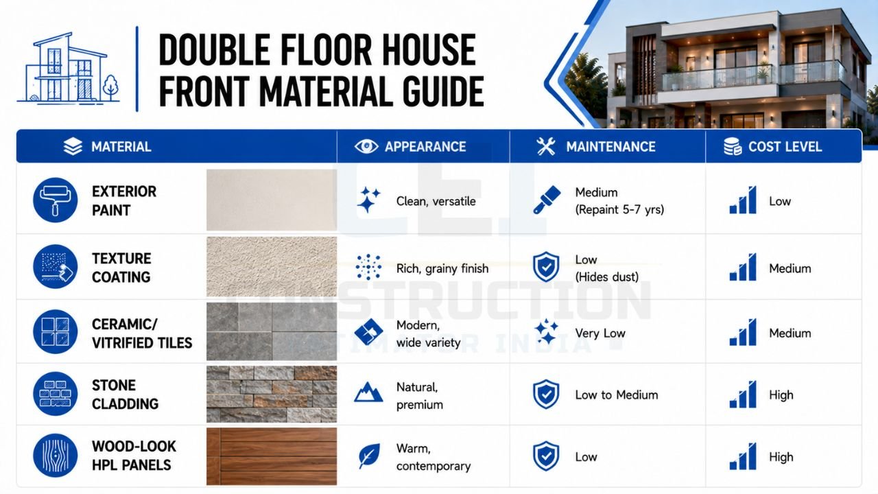 Double floor house front material guide comparing exterior paint, texture coating, vitrified tiles, stone cladding, and wood-look HPL panels by appearance, maintenance, and cost