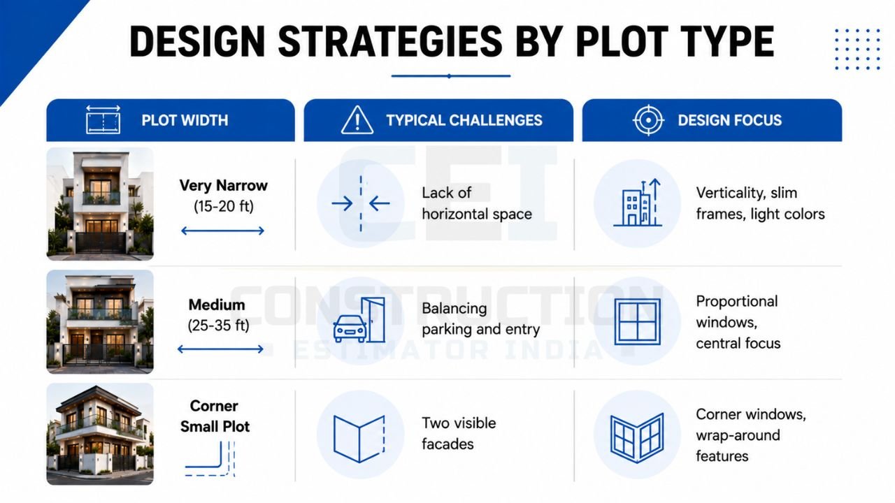 Double floor house front design strategies by plot type comparing narrow, medium, and corner plots with design focus and facade planning