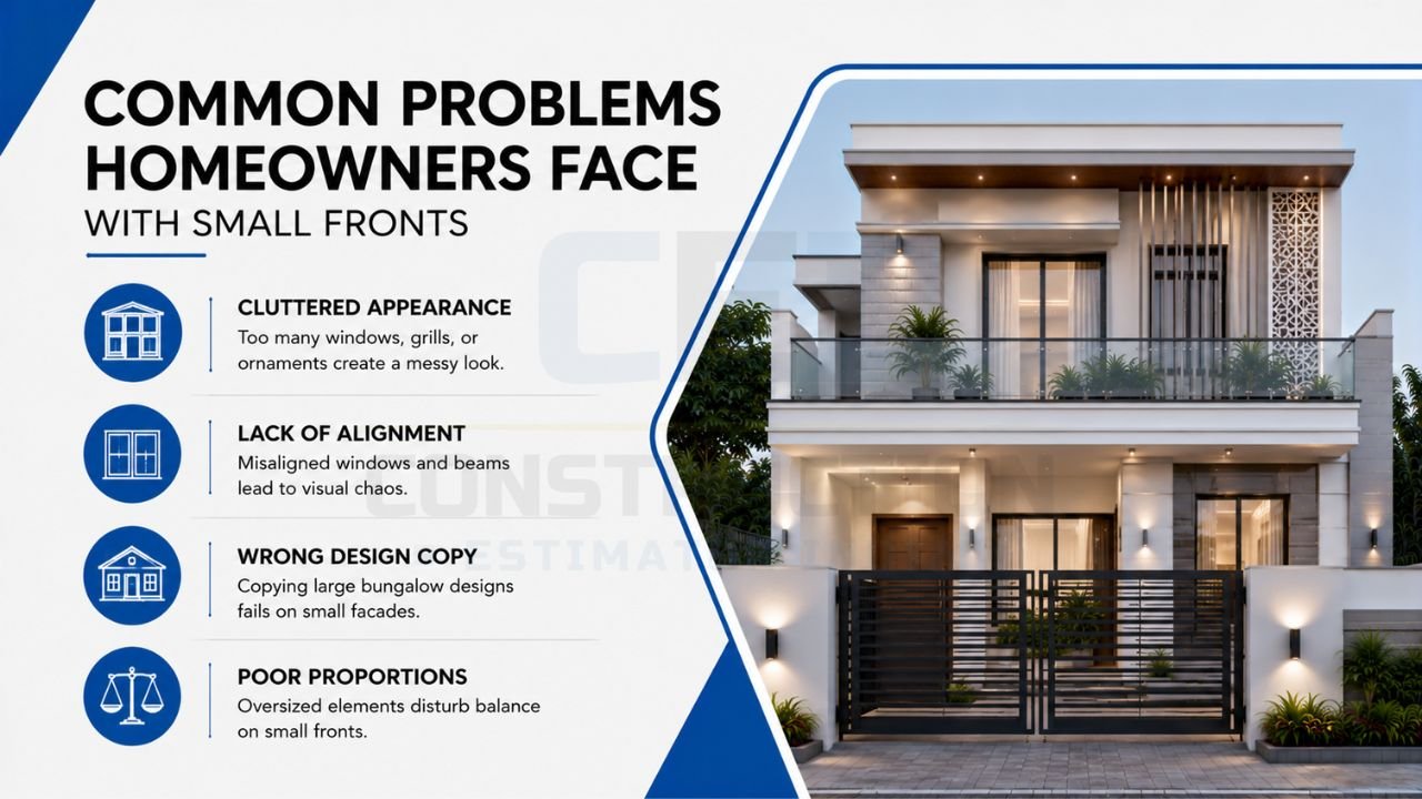 Double floor house front design highlighting common mistakes on small facades, including cluttered exteriors, poor alignment, oversized elements, and unbalanced elevation