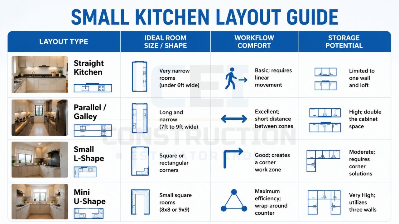 Small kitchen layout guide comparing straight, parallel, L-shaped, and mini U-shaped kitchen designs based on room size, workflow efficiency, and storage capacity