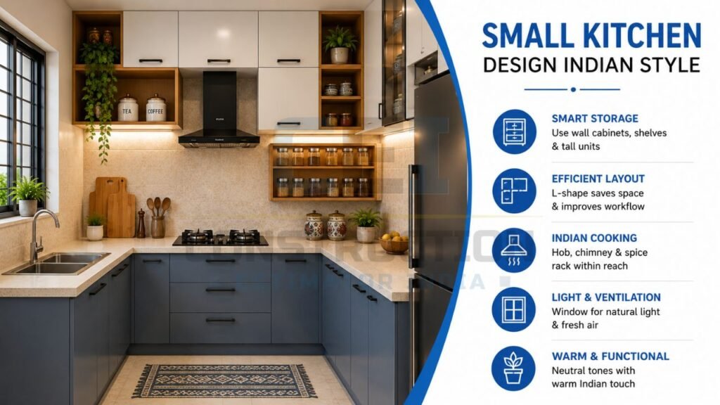 Small kitchen design Indian style featuring an L-shaped modular kitchen with smart storage, chimney, wall cabinets, open shelves, natural light, and space-saving layout