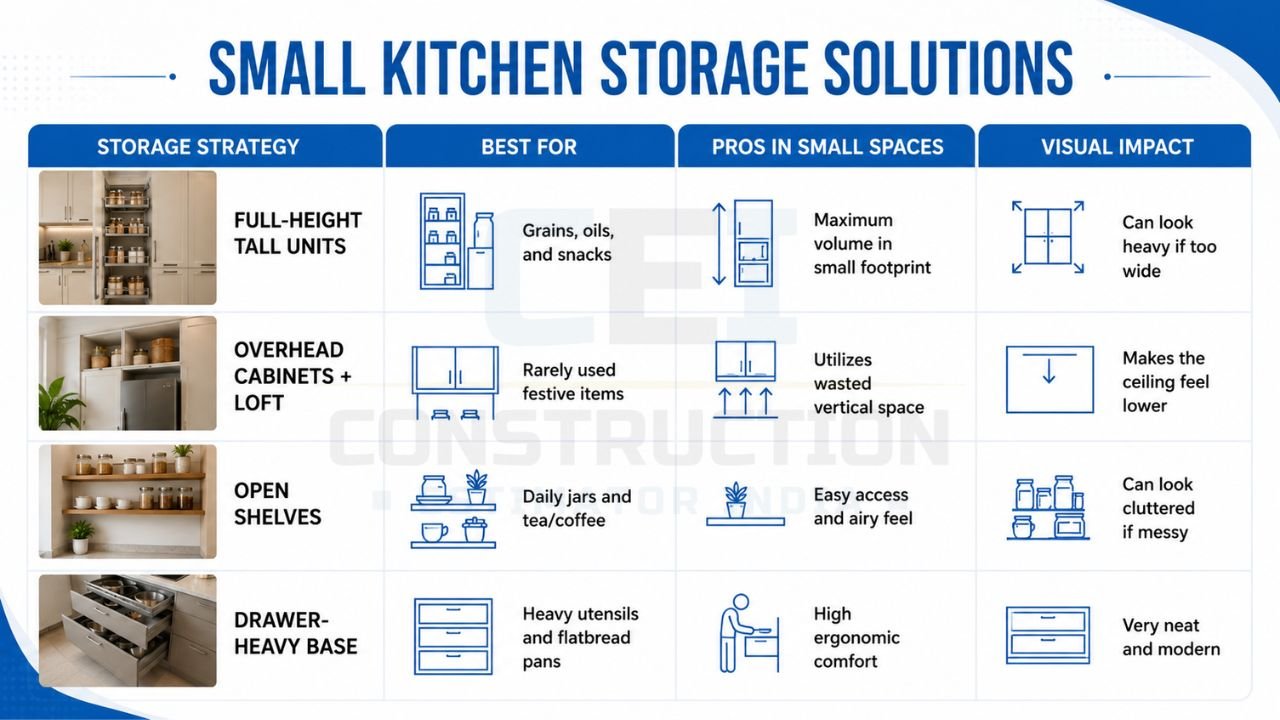 Small kitchen storage solutions with tall units, overhead cabinets, open shelves, and drawer-based storage for compact modular kitchen design