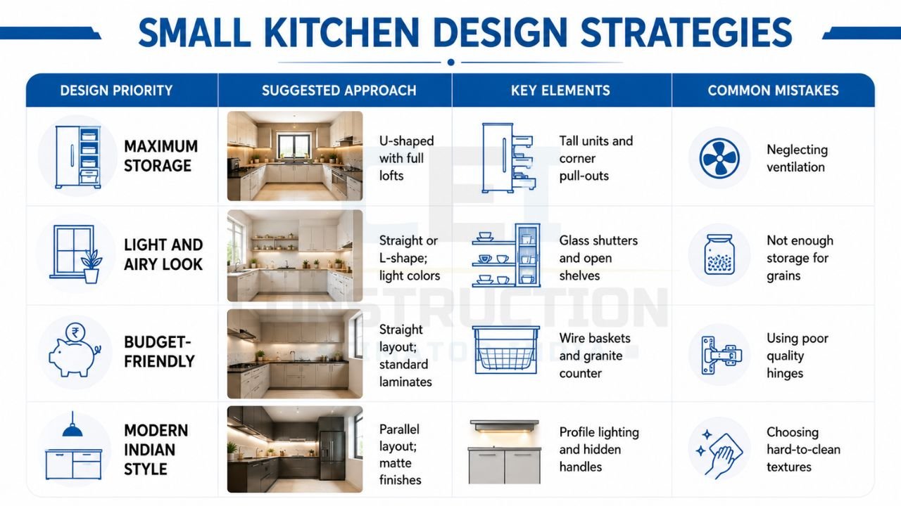 Small kitchen design strategies with maximum storage, light and airy layouts, budget-friendly ideas, and modern Indian kitchen solutions