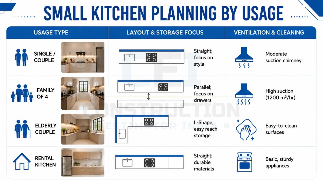 Small kitchen planning guide for singles, families, elderly couples, and rental homes with space-saving layouts, storage, and ventilation tips
