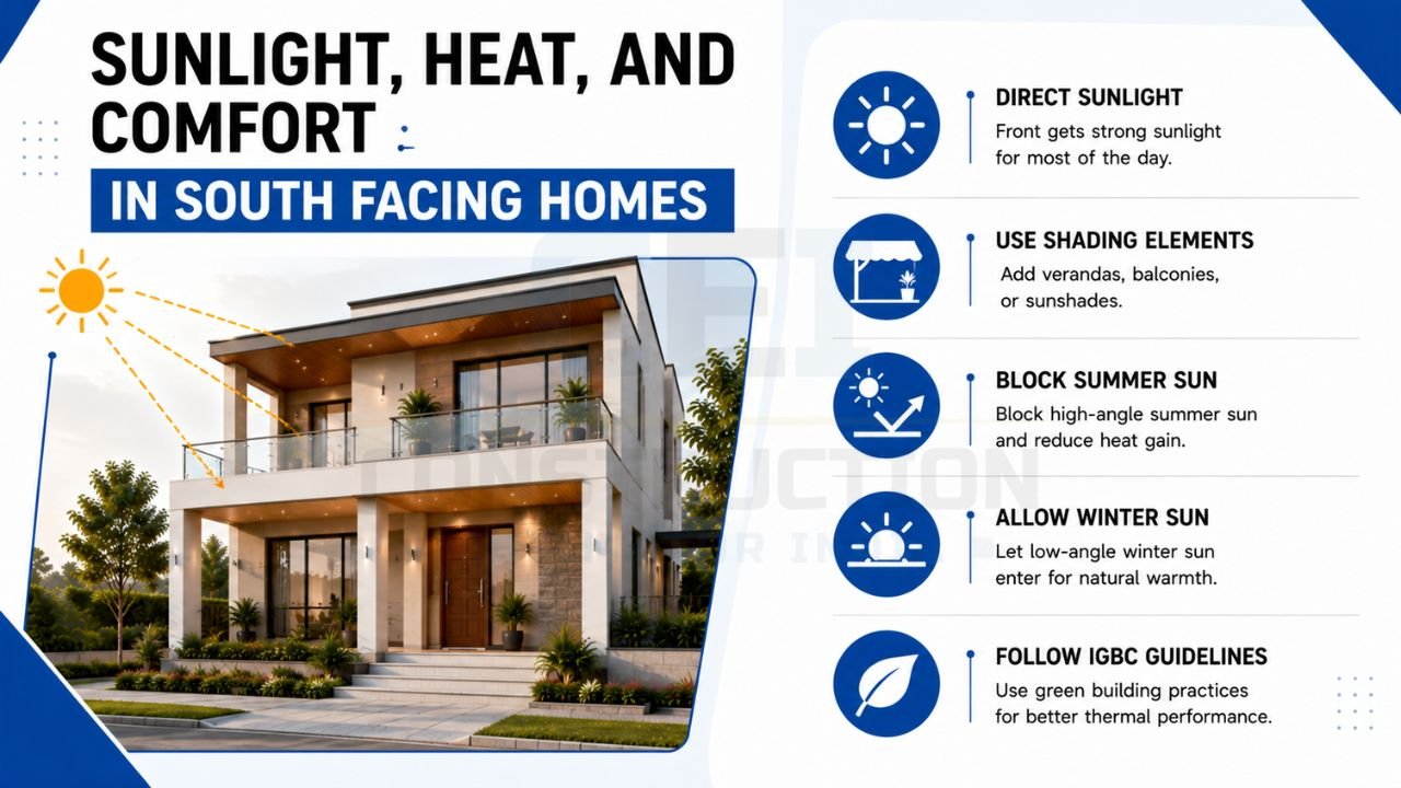South-facing house design showing sunlight, heat control, shading techniques, thermal comfort, and energy-efficient home planning