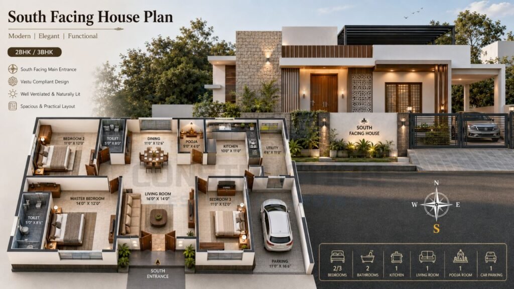 South-facing house plan with 3BHK layout, modern home design, architectural floor plan, and residential planning