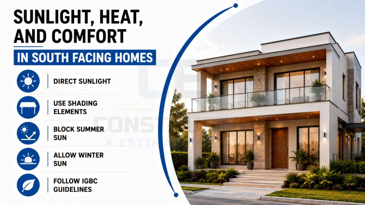 South-facing house design showing sunlight, heat control, shading techniques, thermal comfort, and energy-efficient home planning