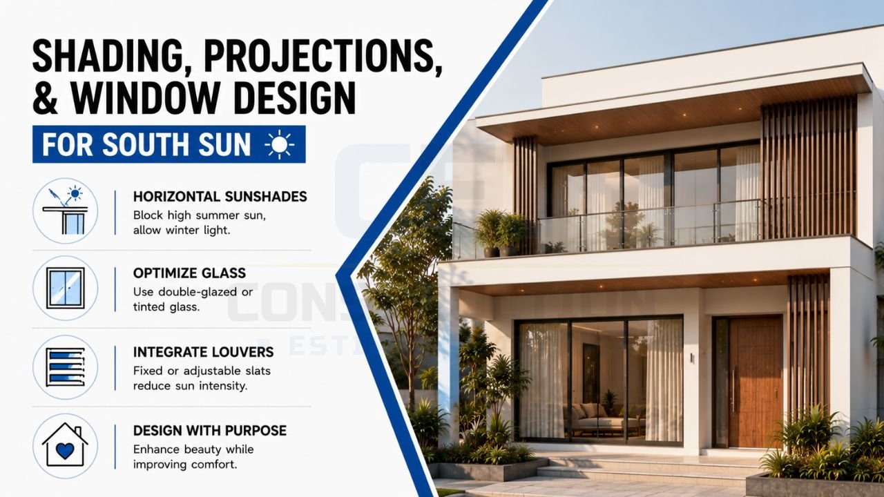South-facing house shading and window design guide showing sunshades, double-glazed windows, louvers, and heat control strategies