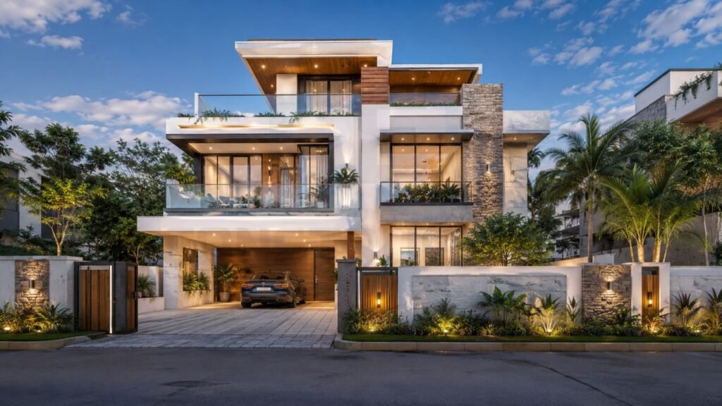 Modern luxury house under construction in India showcasing the complete house construction process from planning and foundation to finishing and handover.