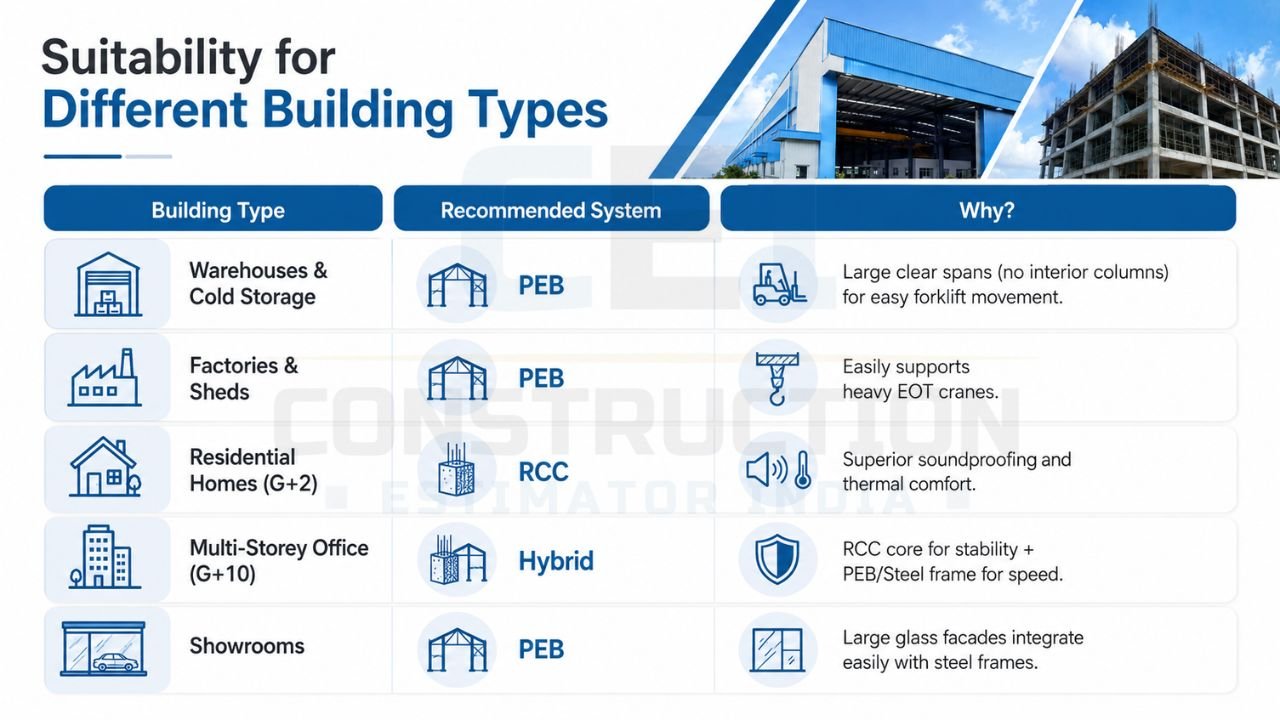 Infographic showing the suitability of PEB, RCC, and hybrid construction systems for warehouses, factories, homes, offices, and showrooms.