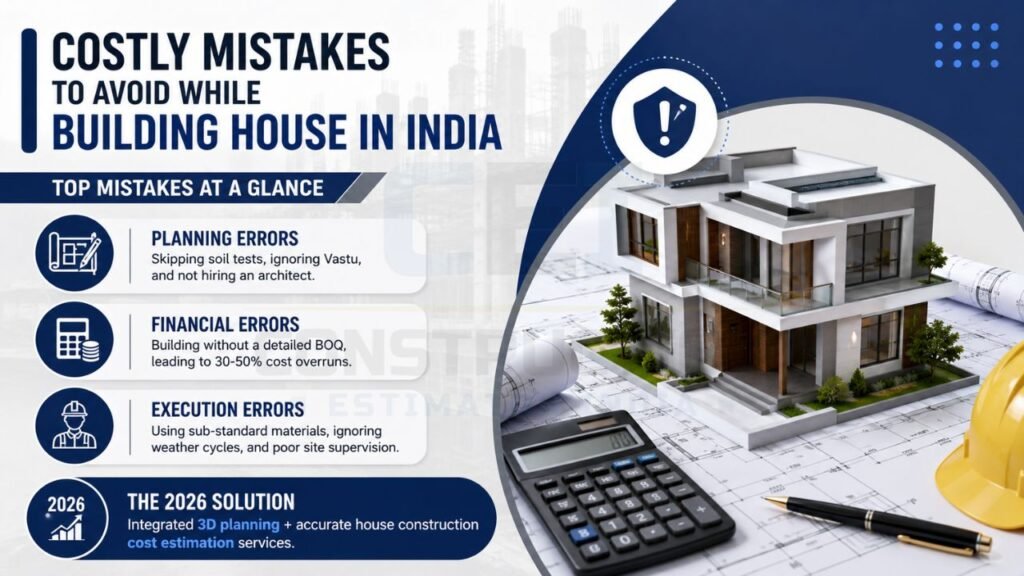 Infographic highlighting planning, financial, and execution mistakes that increase house construction costs in India.