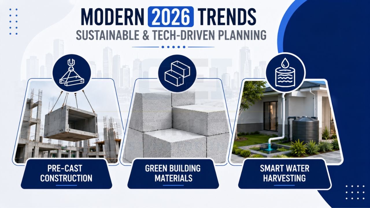 Infographic highlighting 2026 construction trends including precast construction, green building materials, and smart rainwater harvesting systems.