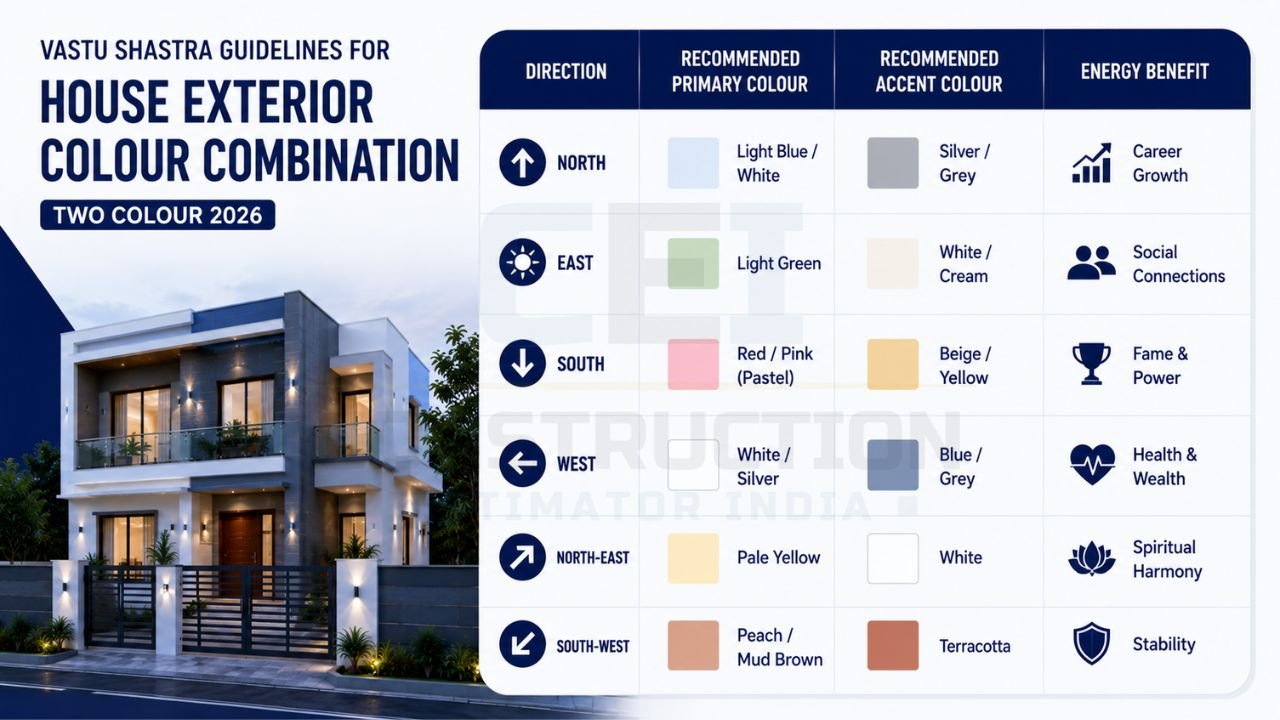 Vastu Shastra colour guide showing recommended exterior house colour combinations by direction, accent colours, and associated energy benefits.