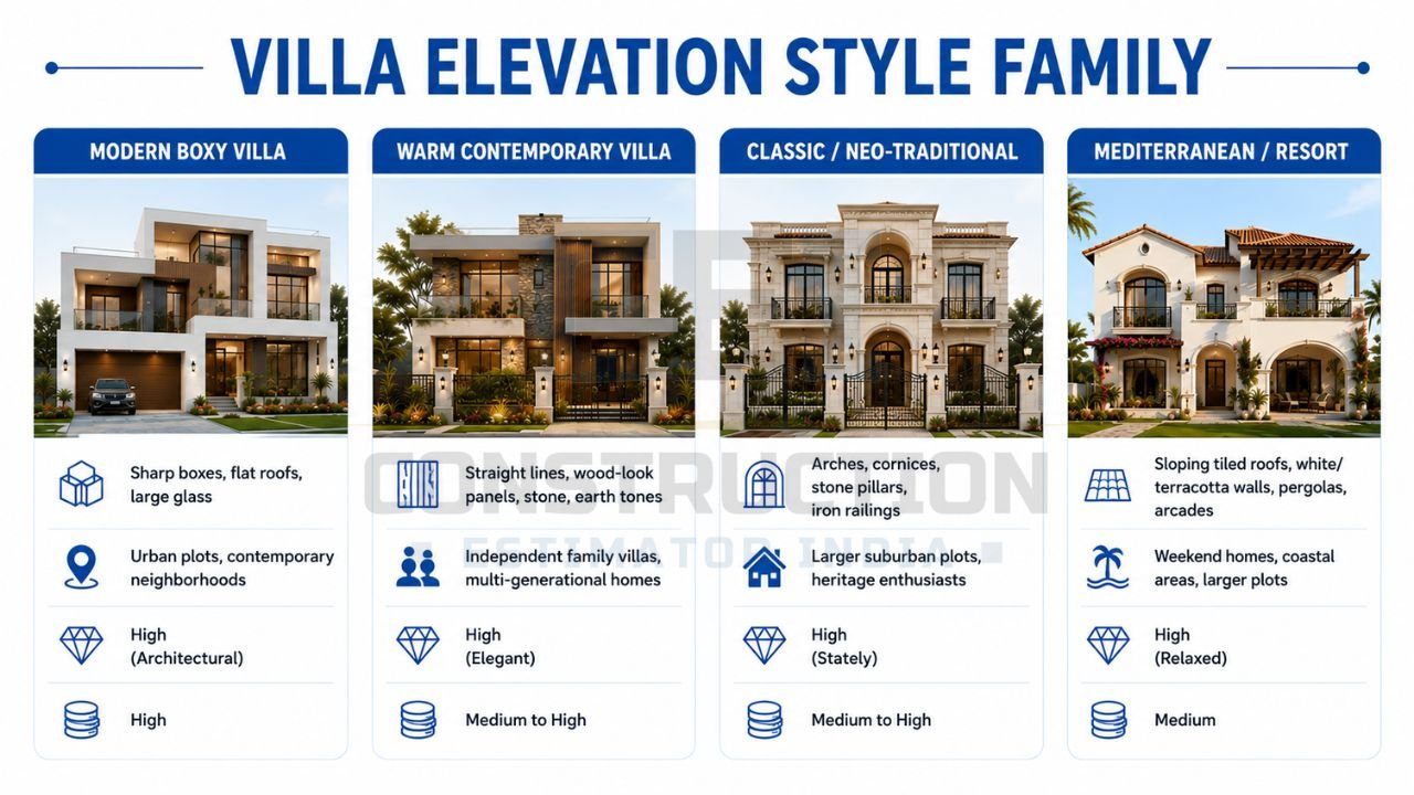 Villa elevation style comparison featuring modern boxy, warm contemporary, classic neo-traditional, and Mediterranean resort-style villa designs