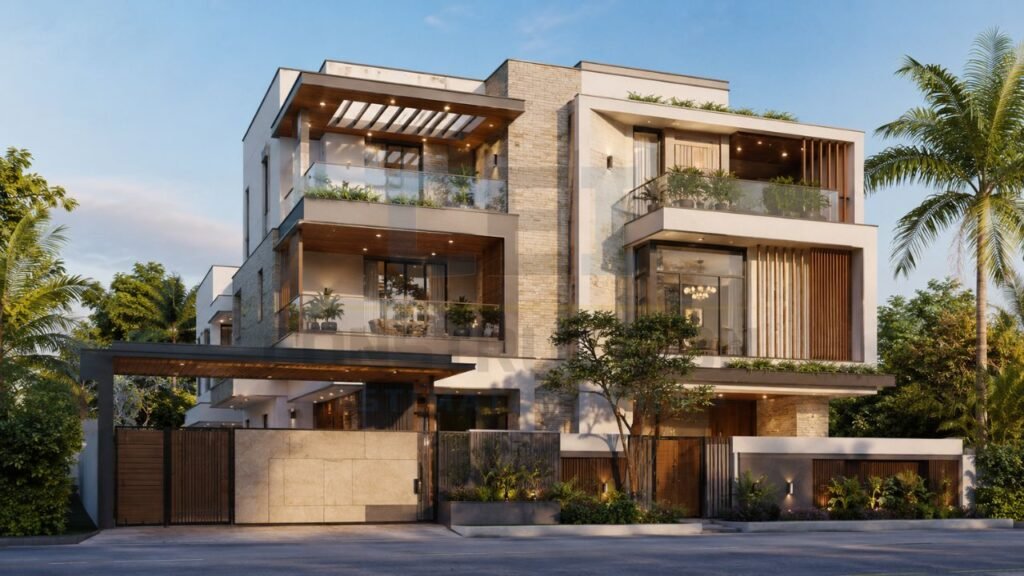 Modern luxury three-storey house front elevation with stone cladding, glass balconies, wooden louvers, landscaped frontage, and a contemporary compound wall