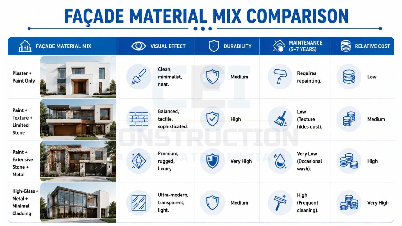 Facade material mix comparison showing plaster and paint, textured finishes with stone accents, extensive stone cladding with metal, and high-glass modern facades for residential homes
