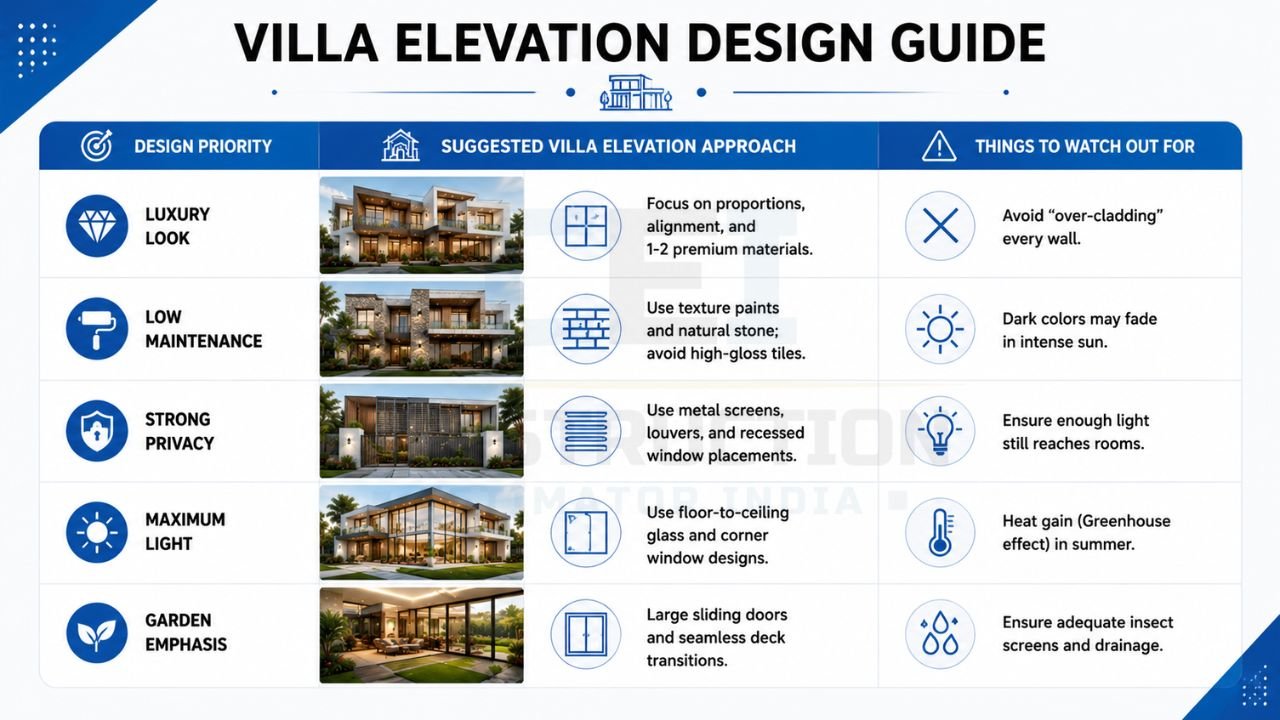 Villa elevation design guide comparing luxury, low-maintenance, privacy-focused, maximum natural light, and garden-oriented villa elevation solutions