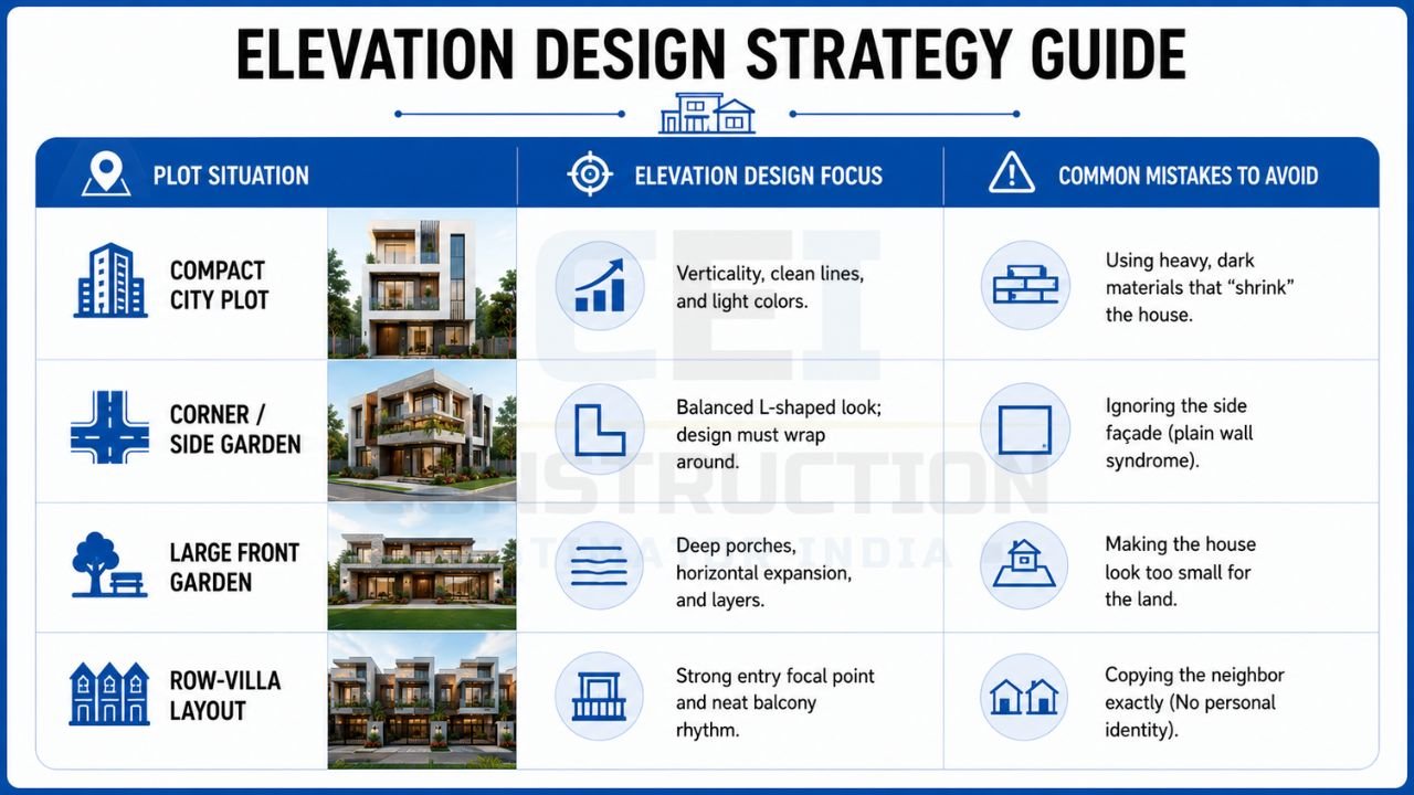Elevation design strategy guide comparing facade design approaches for compact city plots, corner plots, large front gardens, and row villa layouts