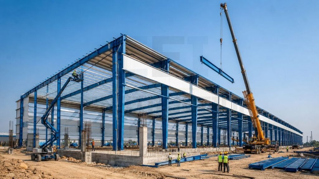 Modern steel warehouse under construction in India with PEB structural frame, crane installation, and industrial building work showing warehouse construction cost per sq ft.