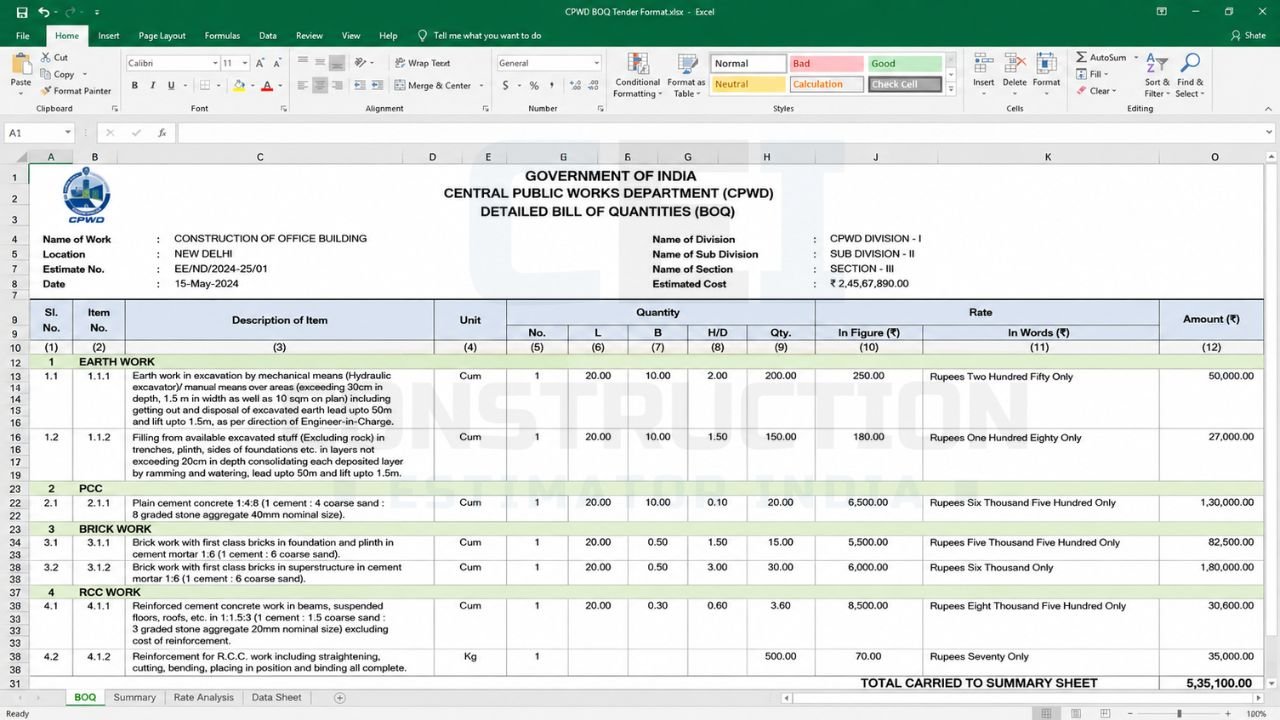 CPWD-style Excel BOQ template displaying project details, item descriptions, quantities, rates, amount calculations, and summary sheets for construction estimation.