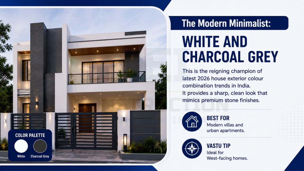 Modern house featuring a white and charcoal grey exterior colour combination with minimalist architecture and Vastu-friendly design.