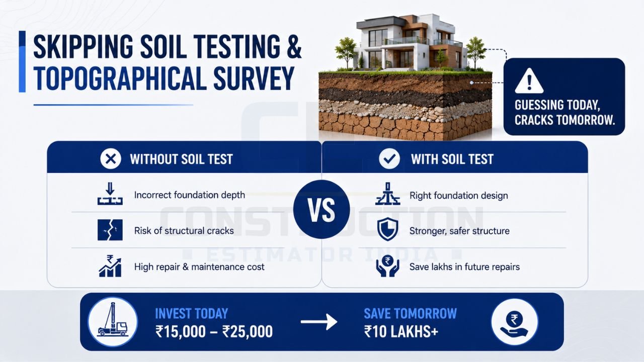 Infographic comparing house construction with and without soil testing, showing foundation risks, structural cracks, and long-term cost savings.