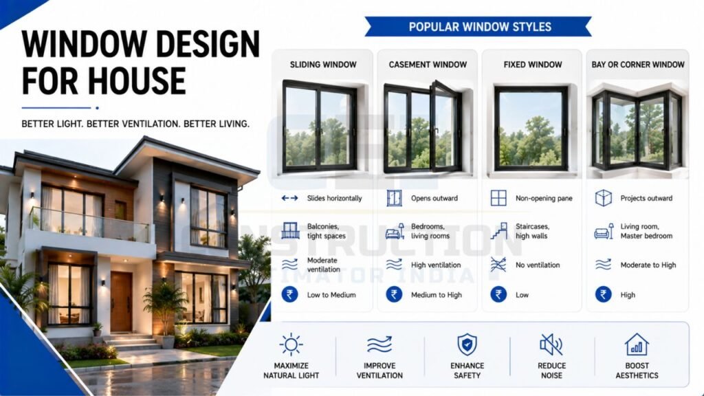 Window design for house featuring sliding, casement, fixed, and bay windows with benefits for natural light, ventilation, safety, and modern home design