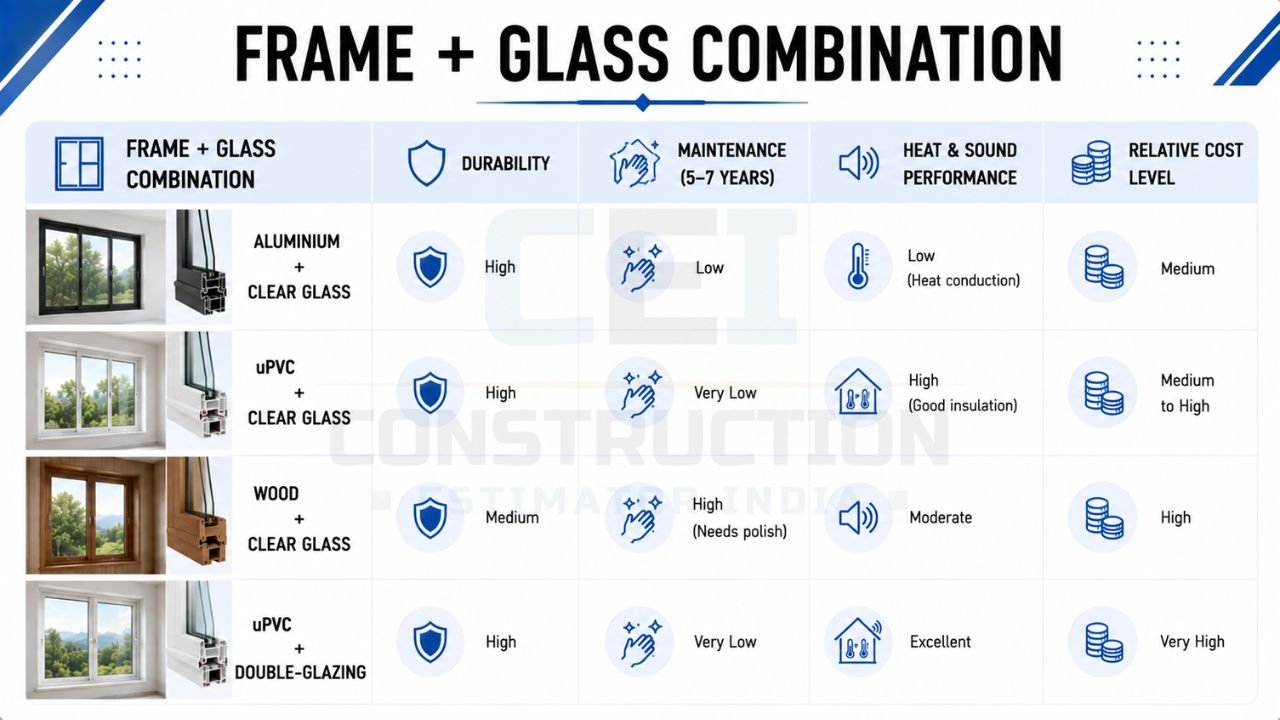 Window frame and glass combination guide comparing aluminium, uPVC, wood, and double-glazed window options for durability, insulation, maintenance, and cost