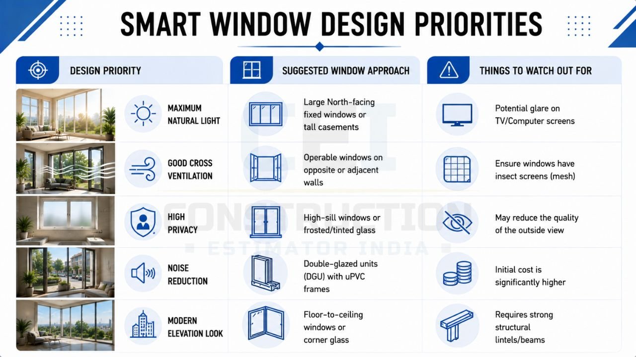 Smart window design priorities guide comparing natural light, ventilation, privacy, noise reduction, and modern window solutions for residential homes