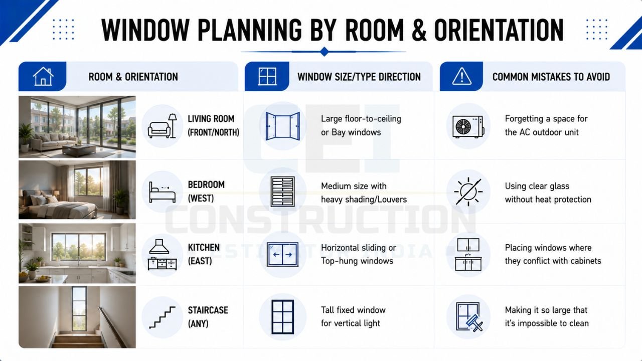 Window planning guide by room showing ideal window types for living room, bedroom, kitchen, and staircase based on orientation and natural light