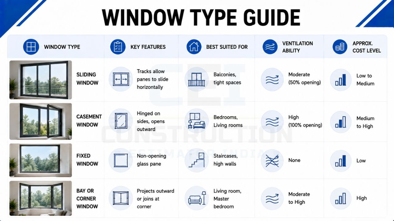 Window type guide comparing sliding, casement, fixed, and bay or corner windows for modern homes