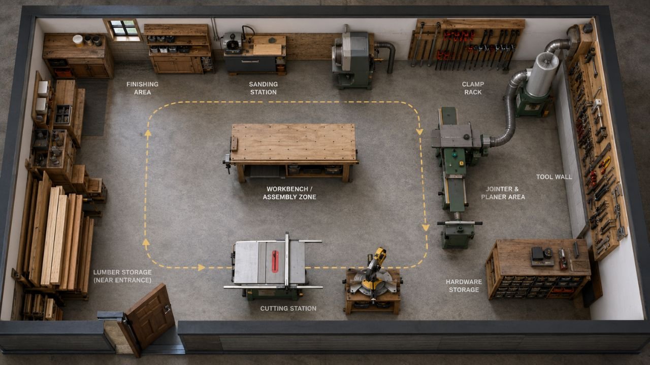 20x30 wood shop layout with lumber storage, cutting station, workbench, sanding station, planer, tool wall, and finishing area