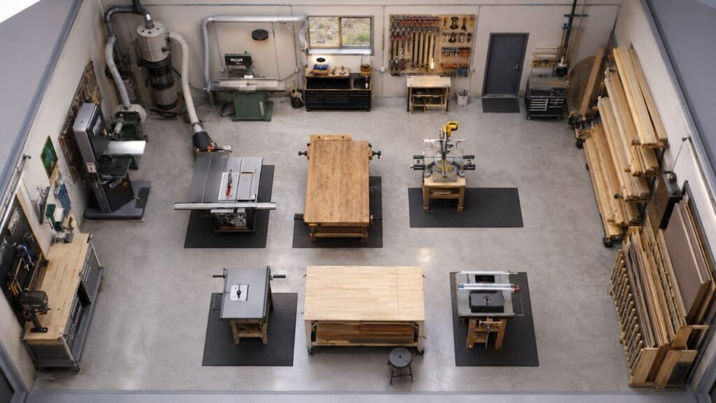 20x30 wood shop layout with woodworking machines, workbenches, lumber storage, and dust collection system
