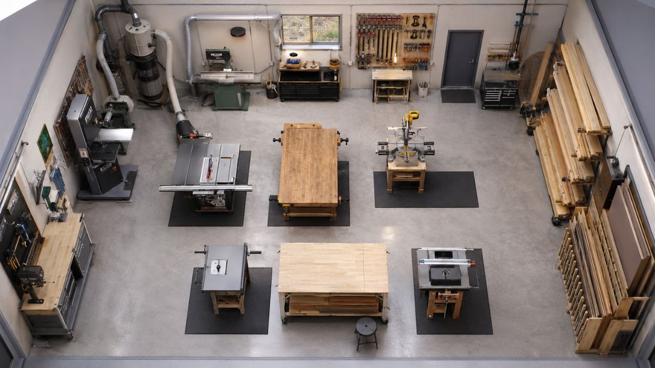 20x30 wood shop layout with woodworking machines, workbenches, lumber storage, and dust collection system