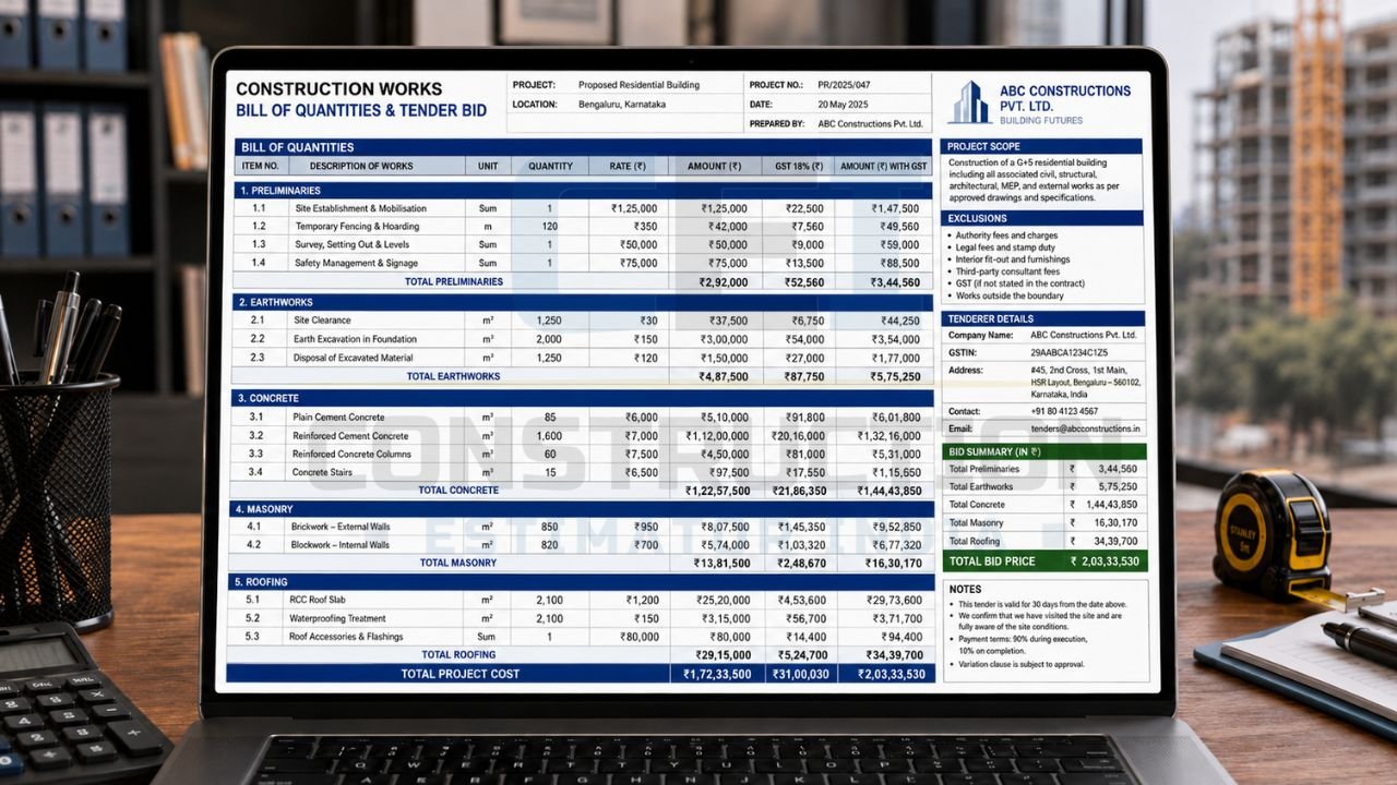Construction BOQ and bid template in India showing project quantities, rates, costs, GST, tender details, and total project price.
