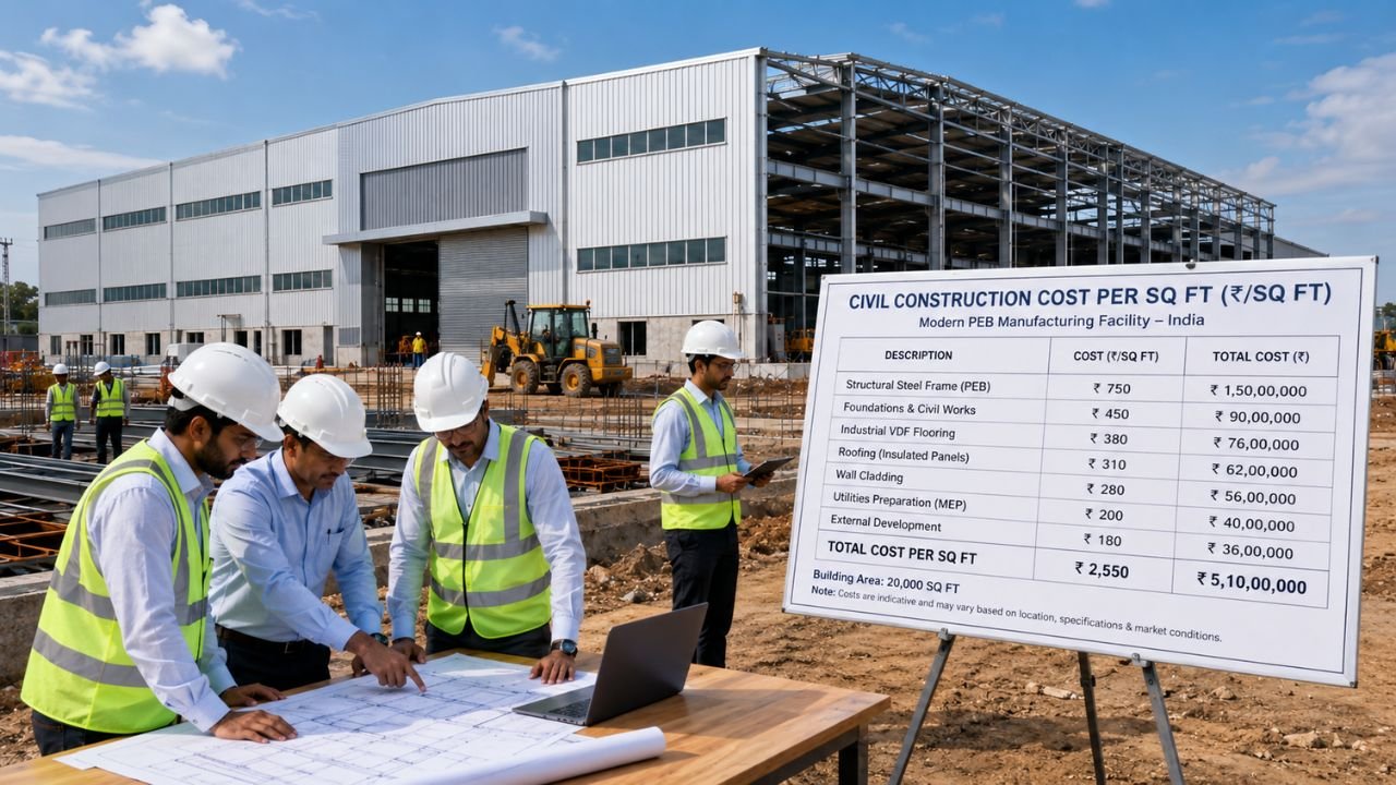 Civil construction cost for a manufacturing company per square foot in India