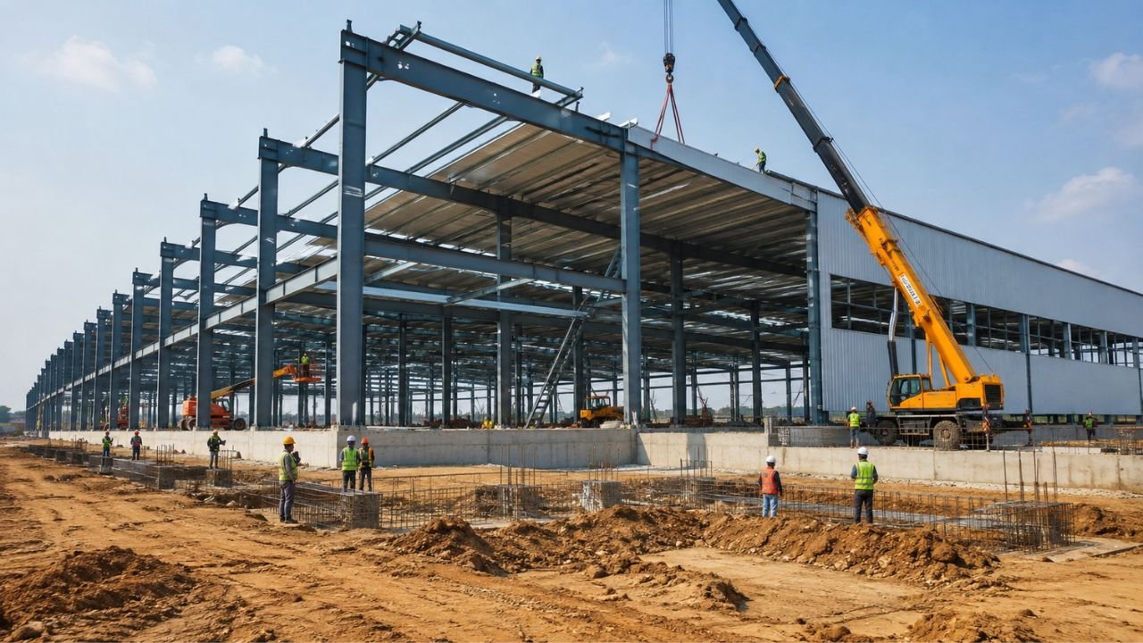 Manufacturing company under construction with steel structure, concrete foundations, cranes, and construction workers in India