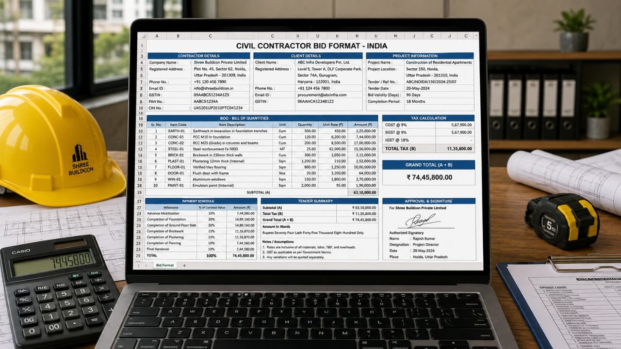 Civil contractor bid format in Excel showing BOQ, project details, tax calculation, payment schedule, tender summary, and grand total
