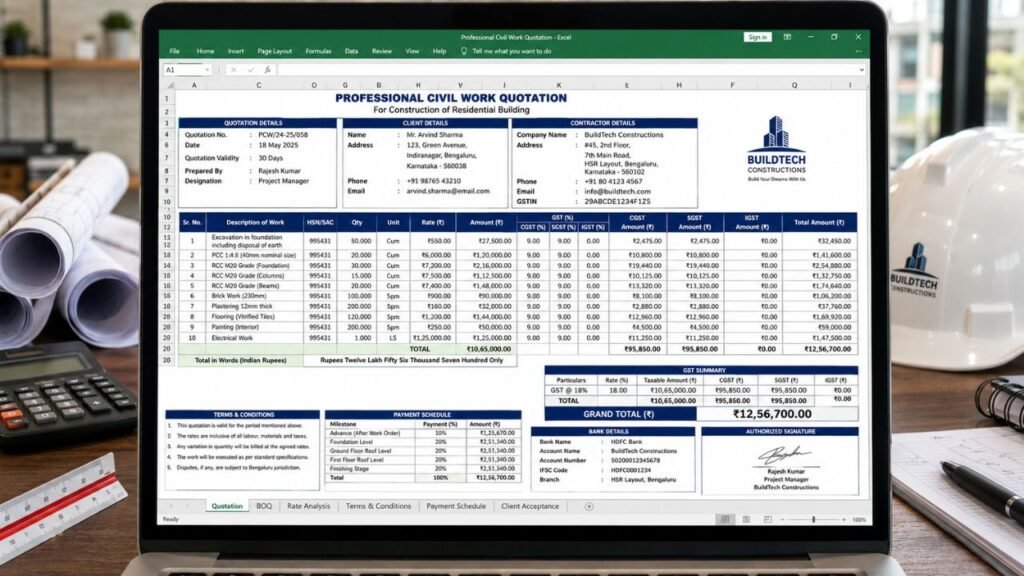 Professional civil work quotation format in Excel for residential building construction