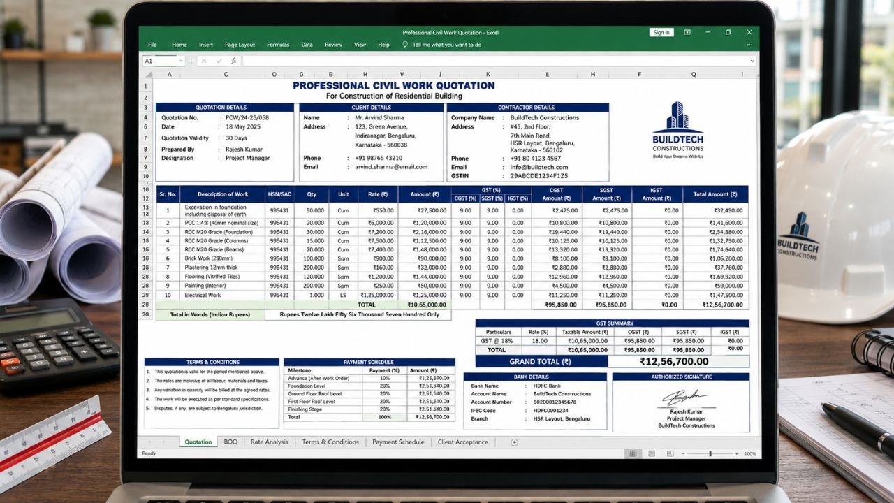 Professional civil work quotation format in Excel for residential building construction